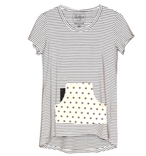 Cozy Loungewear Tee Shirt with Built In Shelf Bra for Support and Kangaroo Pocket with Inner Phone Pocket Ivory with Black Stripe and Dots