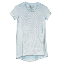 Cozy Loungewear Tee Shirt with Built In Shelf Bra for Support and Kangaroo Pocket with Inner Phone Pocket Ivory and Aqua Stripe