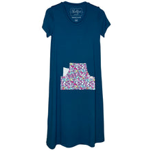 Cozy Loungewear Dress with Built in Shelf Bra for Support and Kangaroo Pocket with Inner Phone Pocket Teal with Floral and Stripe Accents