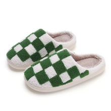 Cute Fluffy Green Check Slide Slippers