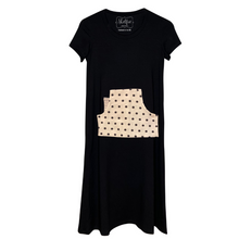 Cozy Loungewear Dress with Built in Shelf Bra for Support and Kangaroo Pocket with Inner Phone Pocket Black with Polka Dot and Stripe Accents