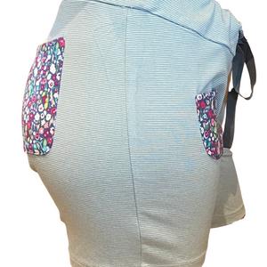 Cozy Loungewear Drawstring Shorts with Pockets Aqua and Ivory Stripe with Floral Pockets