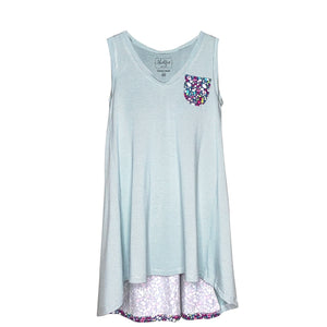 Cozy Loungewear Tank Tunic with Built In Shelf Bra for Support Aqua and Ivory Stripe with Floral Accents