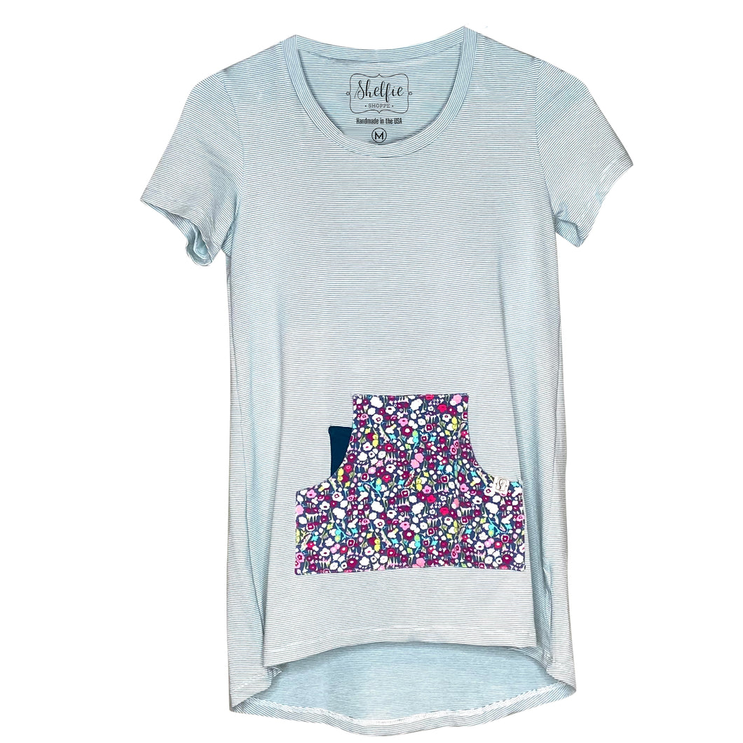 Cozy Loungewear Tee Shirt with Built In Shelf Bra for Support and Kangaroo Pocket with Inner Phone Pocket Ivory and Aqua with Floral Pocket
