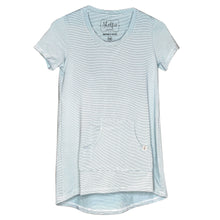 Cozy Loungewear Tee Shirt with Built In Shelf Bra for Support and Kangaroo Pocket with Inner Phone Pocket Ivory and Aqua Stripe