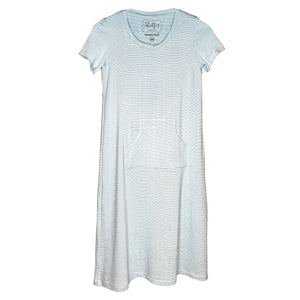 Cozy Loungewear Dress with Built in Shelf Bra for Support and Kangaroo Pocket with Inner Phone Pocket Aqua and Ivory Stripe