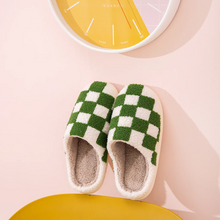 Cute Fluffy Green Check Slide Slippers