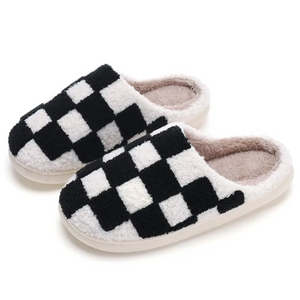 Cute Fluffy Black Check Slide Slippers