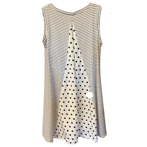 Cozy Loungewear Tank Tunic with Built In Shelf Bra for Support Ivory with Black Stripes and Polka Dot Accents